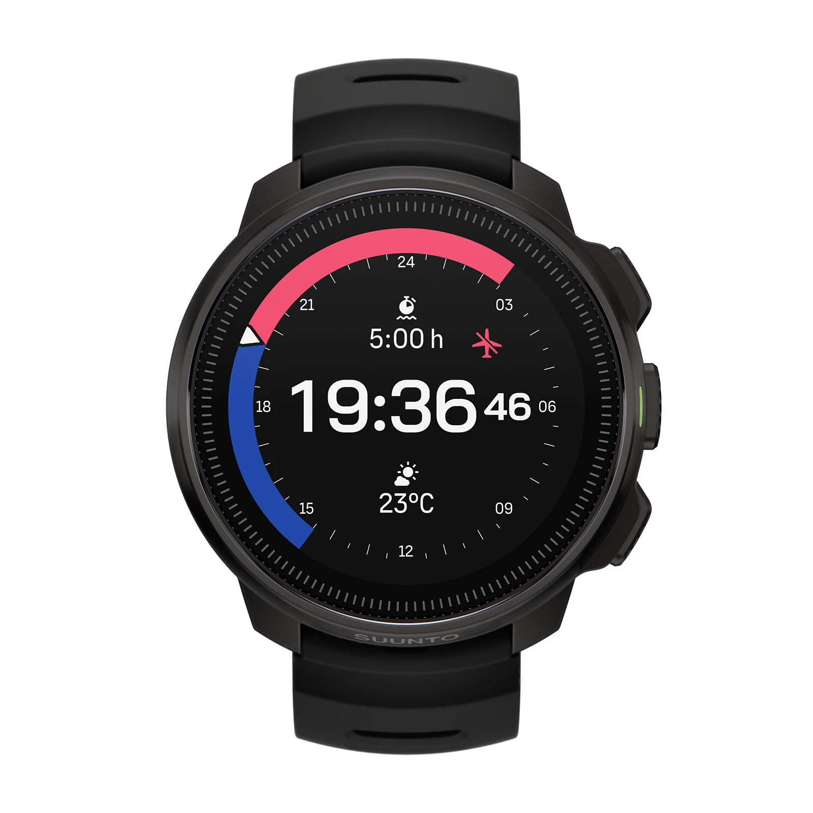 Suunto Ocean All Black framifrån, svart dykdator med rund färgskärm