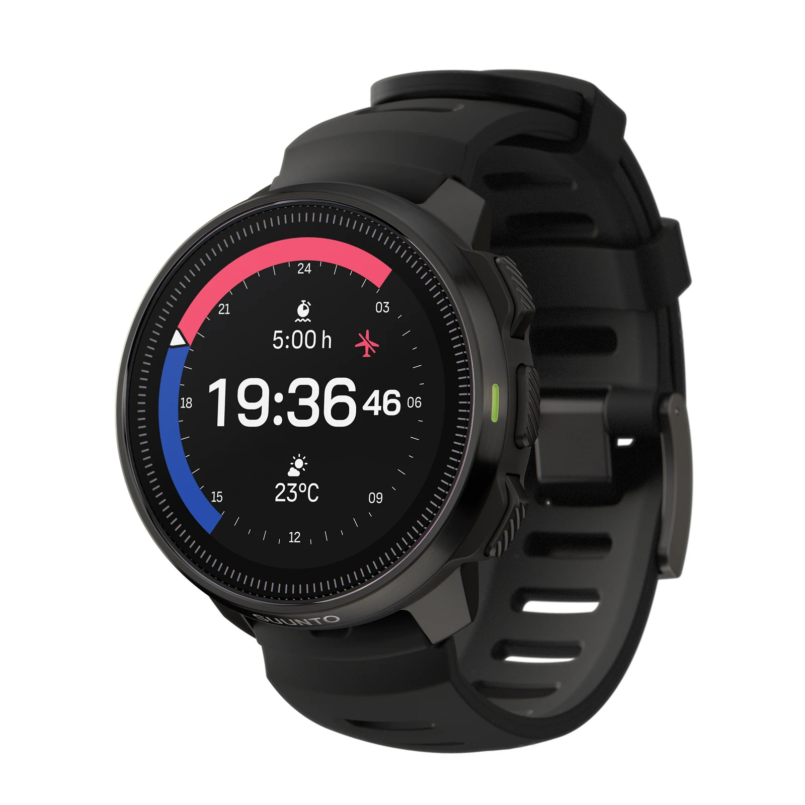Suunto Ocean All Black snett framifrån, svart dykdator med rund färgskärm